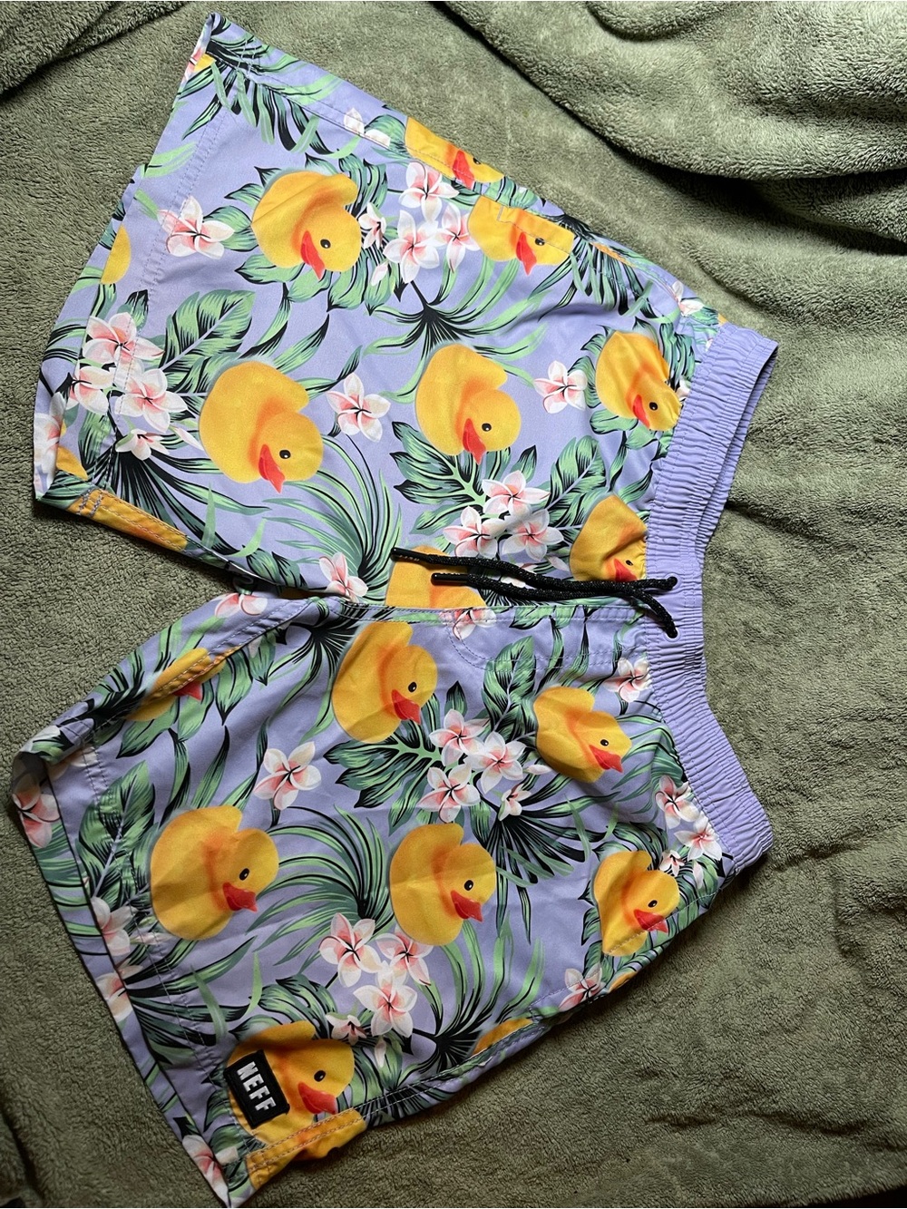 Neff Lavender Swim Shorts with Yellow Duck & Green Tropical Print
